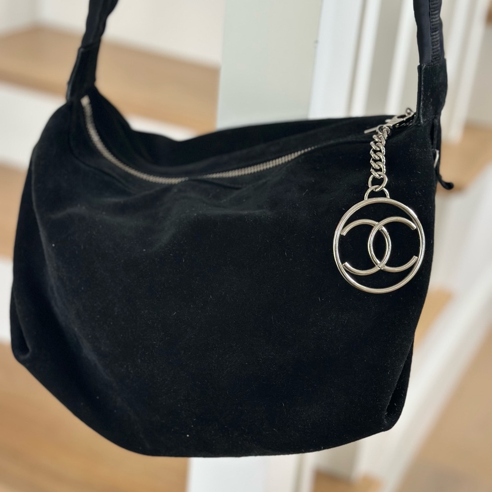 CHANEL Black Suede Satchel with Silver Accent